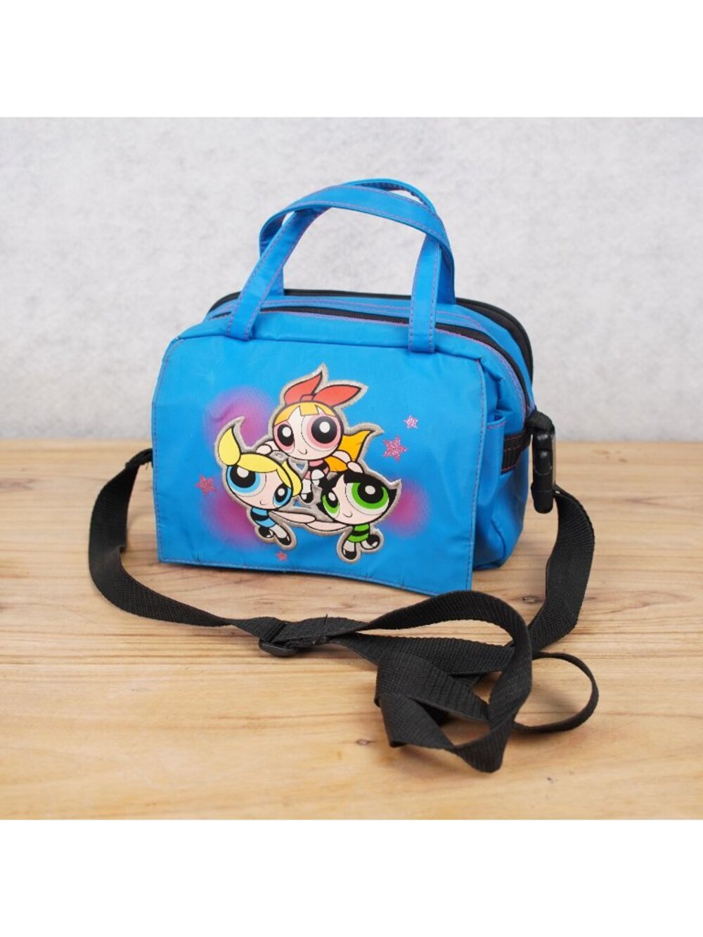 Vintage 2002 Powerpuff Girls Kids Crossbody Bag Blue Cartoon Network Lunch Box